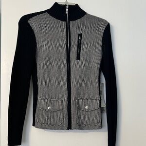 Ribbed black and herringbone zip up sweater